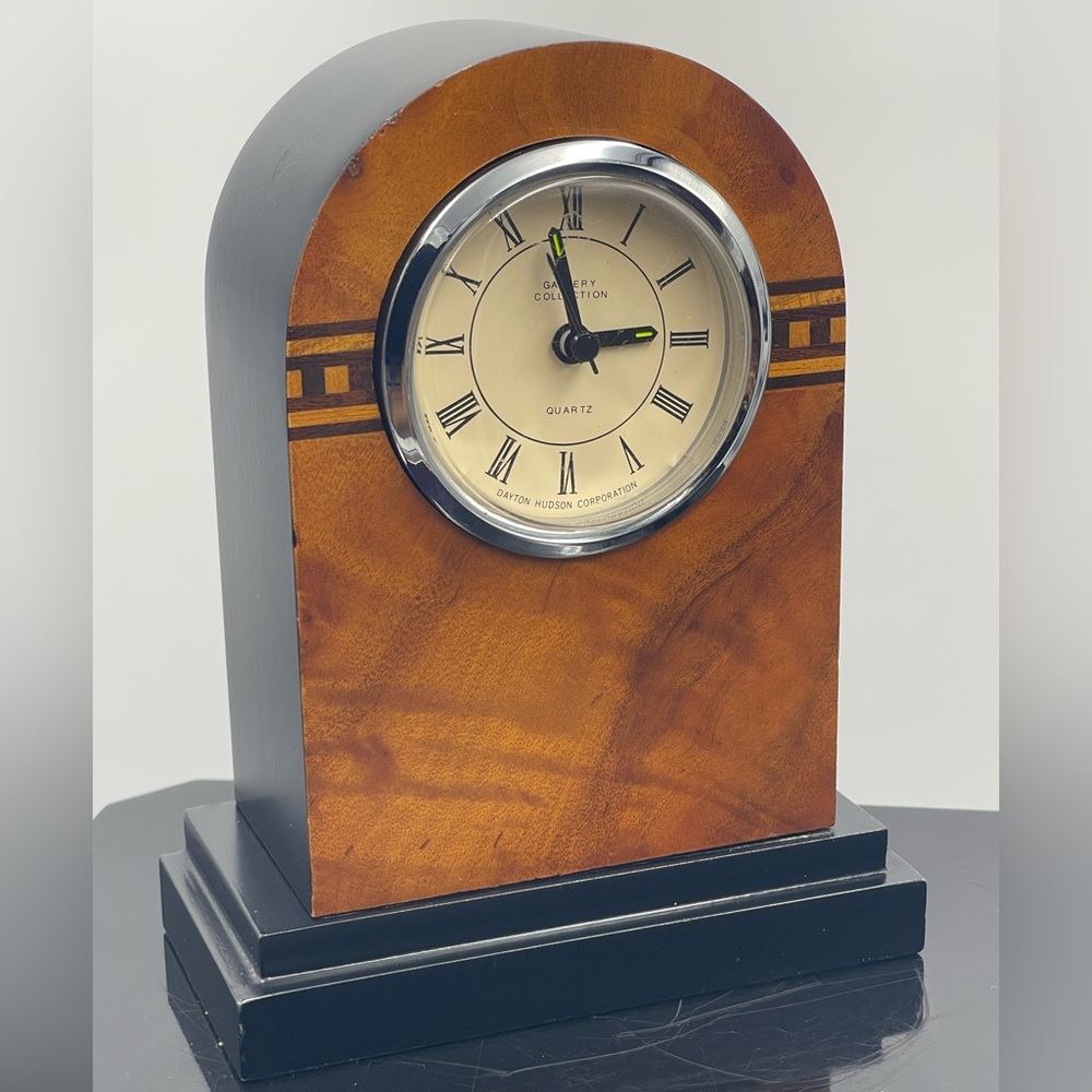 Dayton Hudson Gallery Collection: Quartz Art Deco Wood Mantel Clock w/Burl Inlay